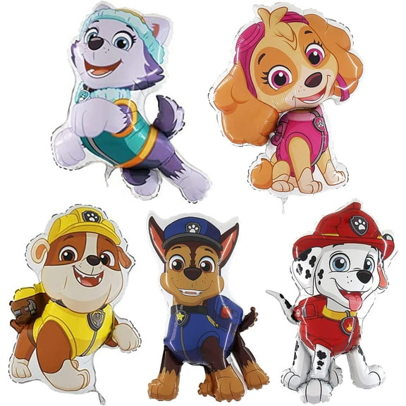Pack Of 5 Paw Patrol Foil Balloons - Chase, Everest, Marshall, Rubble & Skye Character Foil Balloons - Kids Party Balloons