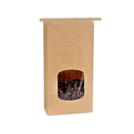 Pack Of 500, 1 Lb. Pla Lined Recycled Kraft Tin Tie Window Coffee Bags 4.25 X 2.5 X 10.5" Made In USA