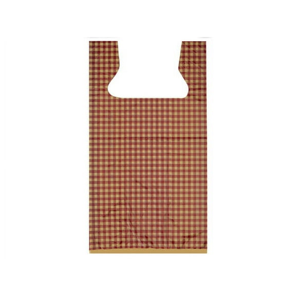 Pack Of 500, Burgundy Gingham T Sack 100% Recycled .75 Mil 11.5 X 6.5 X 22" For Gift Packaging