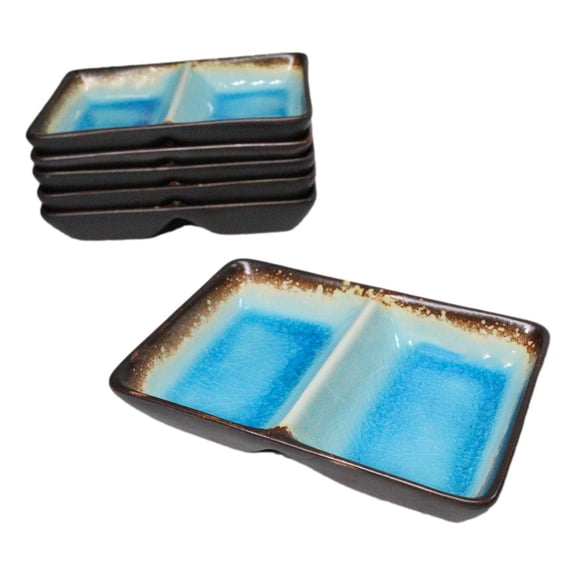 Pack Of 6 Blue Sky Aozora Kannyu Ceramic Two Compartment Rectangle Sauce Dishes