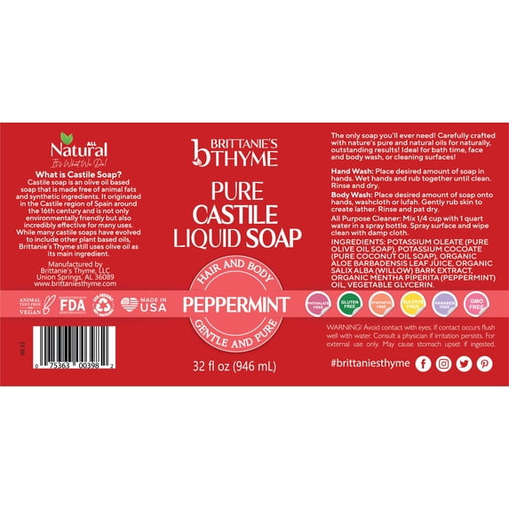 (Pack Of 6) Brittanies Thyme Soap Castile Peppermint 32 Fl Oz
