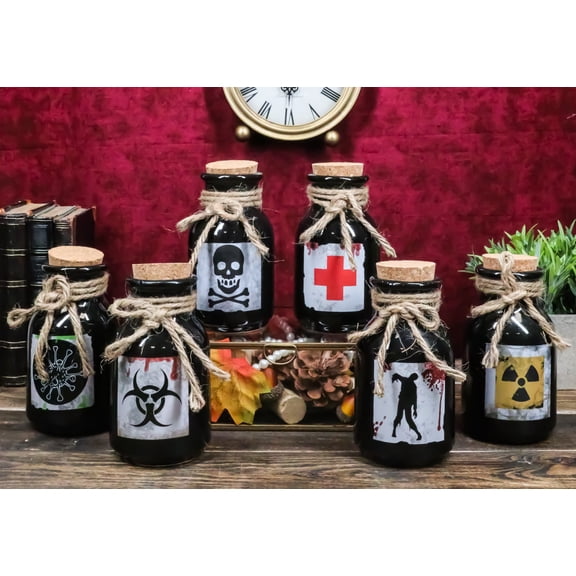 Pack Of 6 Ceramic Magic Voodoo Apothecary Mad Doctor Potion Bottles Props