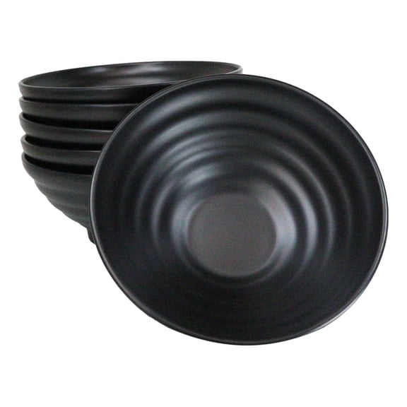 Pack Of 6 Contemporary Ridged Matte Black Melamine Round Ramen Soup Bowls 40oz