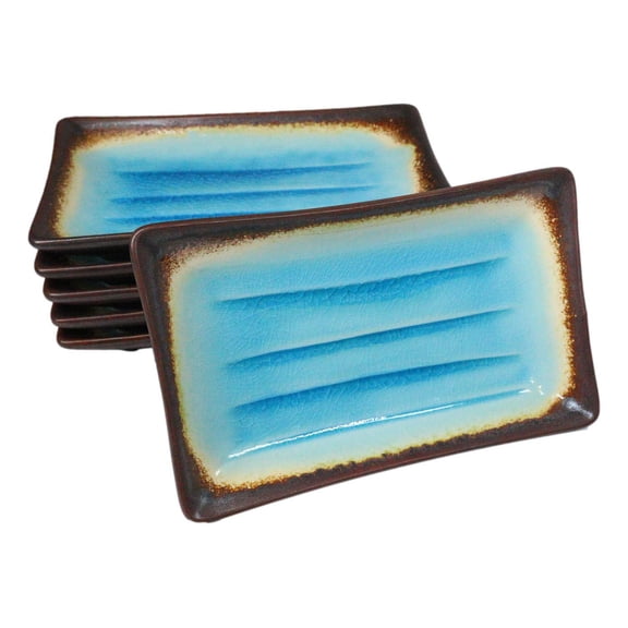 Pack Of 6 Crackled Blue Sky Aozora Kannyu Ceramic Rectangular Sushi Plates 8.5"L