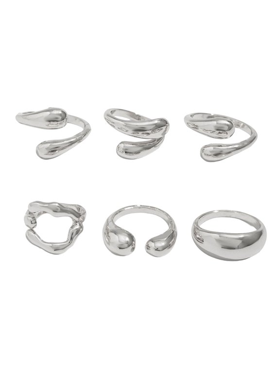 Pack Of 6 Liquid Lavas Metal Rings Set Trendy Adjustable Alloy Statement Finger Ring Jewelry For Women And Men