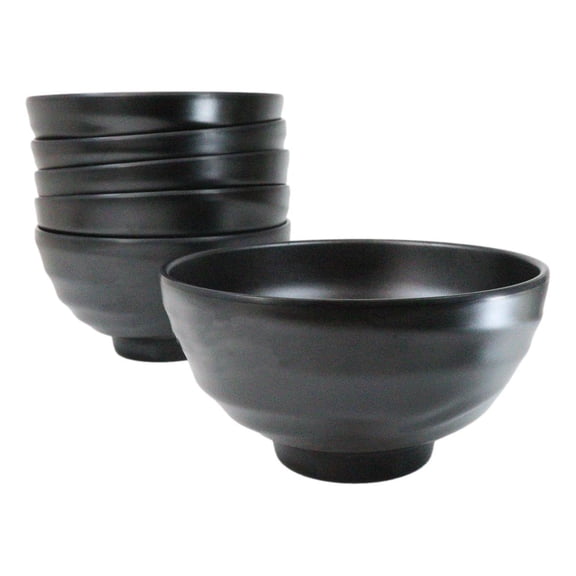 Pack Of 6 Modern Ridged Matte Black Melamine Deep Ramen Soup Pasta Bowls 46oz