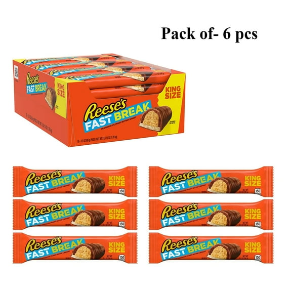 Pack Of 6 Pcs REESE'S FAST BREAK Milk Chocolate Peanut Butter Nougat Candy Bars | 3.5 Oz Per Bar | Crown Craze