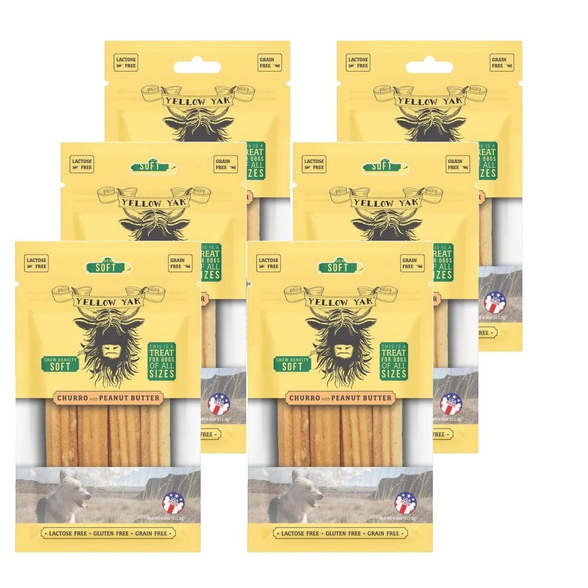 (Pack Of 6) Yellow Yak Treat Dog Churro Peanut Butter 4 Oz