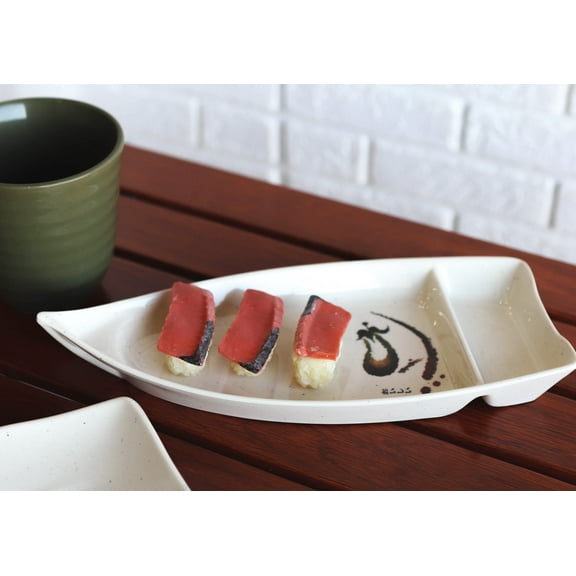 Pack Of 6 Zen Swirl Eggplant Omakase Sushi Boat Plates W/ Sauce Compartment 10"L