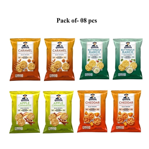 Pack Of 8 Pcs Quaker Rice Crisps Assorted Caramel, Cheddar, Apple, Buttermilk | 3.16 Oz 8 Packs | CROWN CRAZE