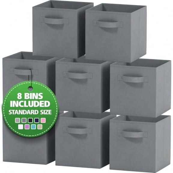 Pack Of 8 - Standard Size Cube Storage Bin 10.5x10.5x11 With Dual Handles For Easy Carrying- Fabric Storage Bins Collapsible Grey