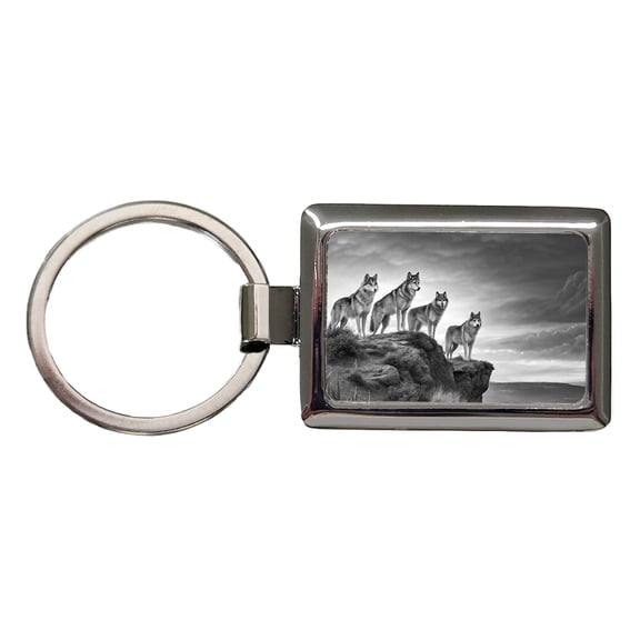 Pack Of Wolves On A Cliff Black White Metal Rectangle Keychain