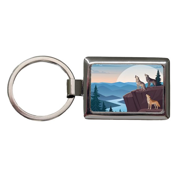 Pack Of Wolves On Cliff Drawing Metal Rectangle Keychain