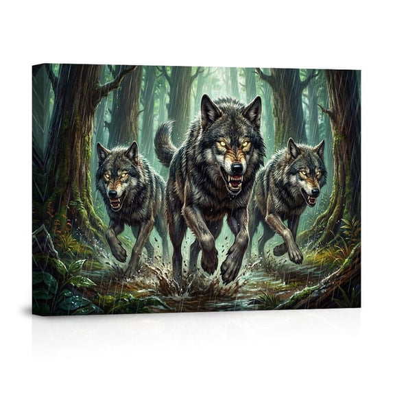 Pack Of Wolves Running In Rainy Forest Intense Wildlife Modern For Living Room Man Cave Canvas