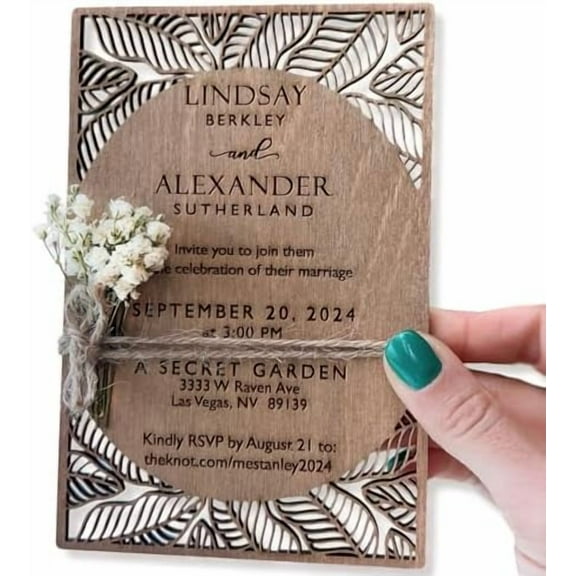 Pack of Personalized Wood Wedding Invitation - Laser Cut Wedding Invitations - White Flower Twined Wooden Invitations with Envelopes & Stickers$$Home Decor, Kitchen, & Other