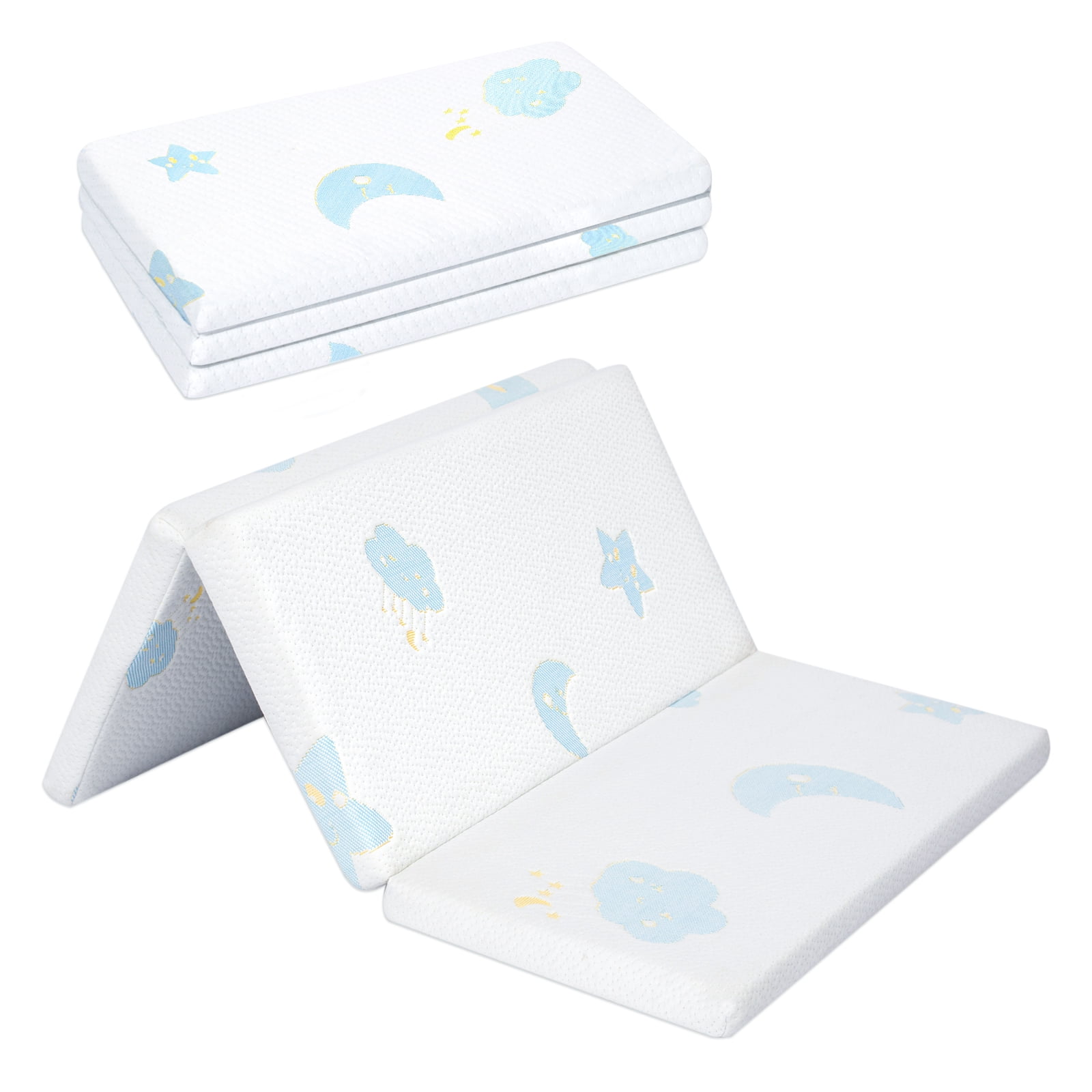 Pack and Play Mattress Pad，Trifold Portable Crib Pack N Play Mattresses,38 * 26" Inch Jacquard Playpen Mattress for Travel Soft Breathable Play Yard Mattress with Washable Cover (Moon/Star-Trifold)