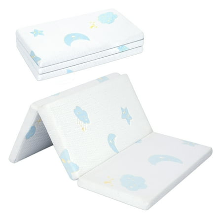 Pack and Play Mattress Pad，Trifold Portable Crib Pack N Play Mattresses,38 * 26" Inch Jacquard Playpen Mattress for Travel Soft Breathable Play Yard Mattress with Washable Cover (Moon/Star-Trifold)