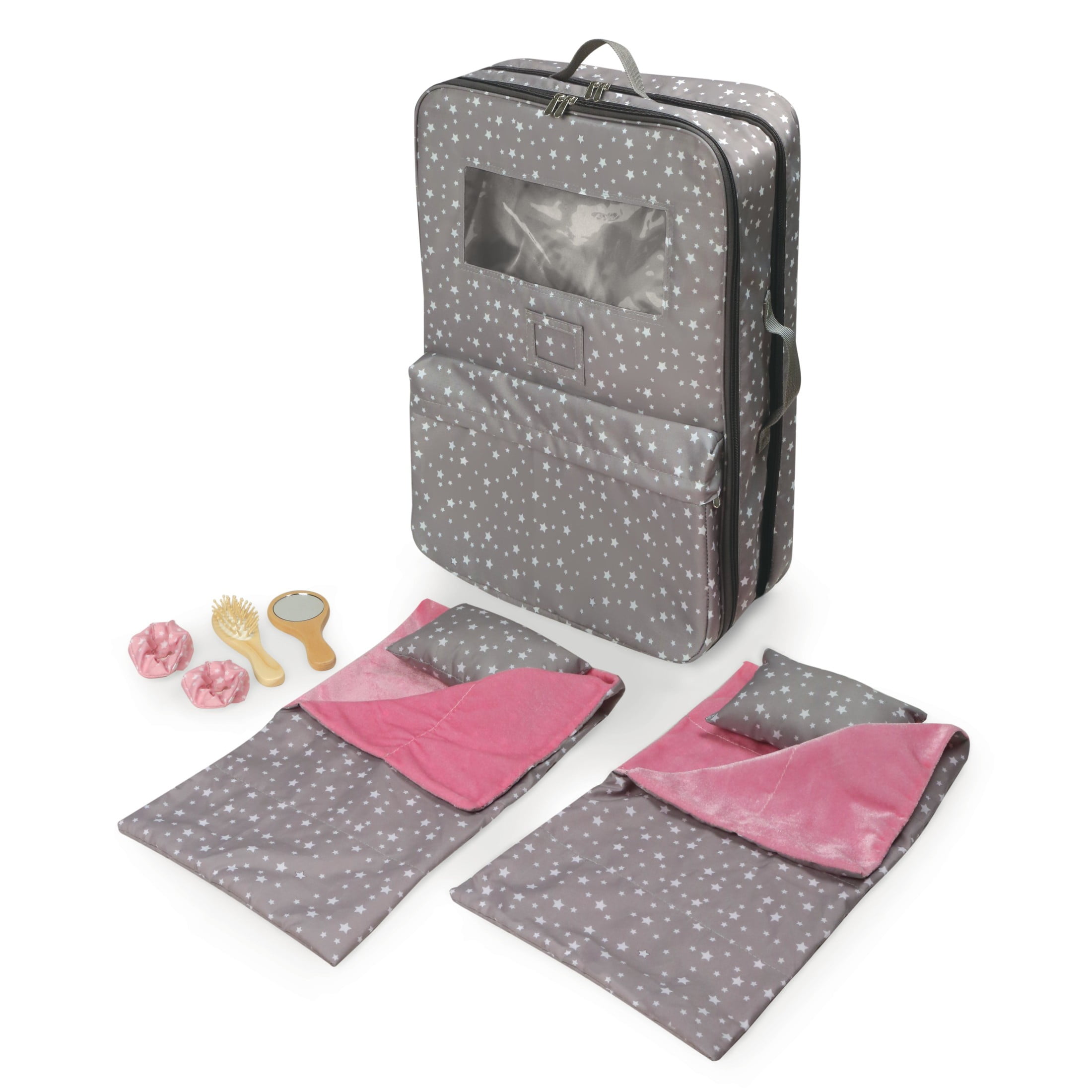Gray and Pink Star Pattern Double Doll Carrier Set with Accessories