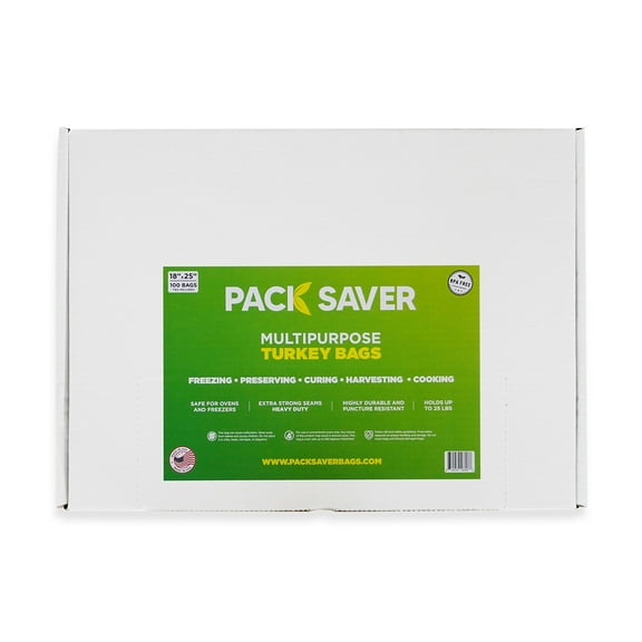 Pack Saver Multipurpose Turkey Bags, 18" x 25", 100 Count, Ties Included, Heavy Duty Extra Strong Seams, Oven and Freezer Safe, BPA Free, Made in the USA