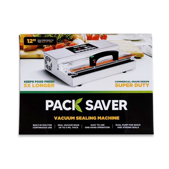Pack Saver Vacuum Sealing Machine, Extra Wide, Dual Pump, One-Hand Operation, Built-In Fan, Commercial Grade, Versatile and Multifunctional, 12" Large