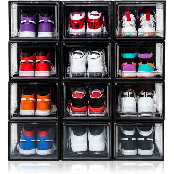 Pack Shoe Boxes Clear Acrylic Plastic Shoe Boxes Stackable Space-Saving Foldable Drop Front Shoe Storage Boxes Container for With Lids Fits Up to Size (Dark )
