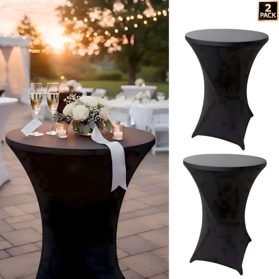 2 Pack Spandex Black Cocktail Table Covers, Round Highboy Stretch Tablecloths, Fitted 32” Diameter x 43” Height for Party, Wedding, DJ & Banquet
