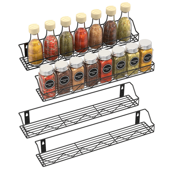 Auledio 4 Pack Kitchen Counter-top or Wall Mount Spice Rack Jars Storage Organizer,Black