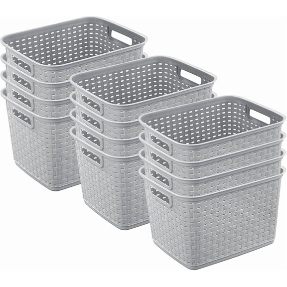 Pack Tall Weave Basket, Wicker-Style Plastic Open Storage Bin, Cement Gray - Multi-Purpose Decorative Organizer for Laundry Area, Shelves, Closets, Pantries, Living Rooms or Offices