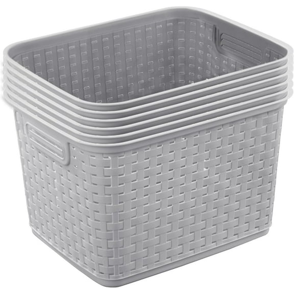 Pack Tall Weave Basket, Wicker-Style Plastic Open Storage Bin, Cement Gray - Multi-Purpose Decorative Organizer for Laundry Area, Shelves, Closets, Pantries, Living Rooms or Offices