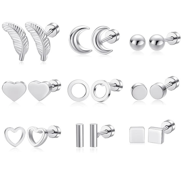 Pack of Titanium Screw Flat Back Surgical Stainless Steel Earrings Geometry Hypoallergenic for
