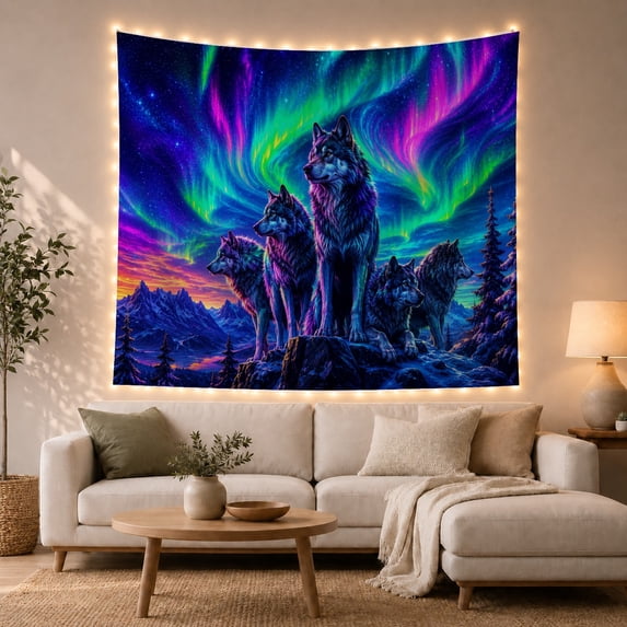 Pack of Wolves on Rocky Outcrop Under Aurora Mountains, Majestic Fantasy for Wolf Lovers, Wildlife Wall Art, Housewarming Gift, Tapestry Wall Hanging for Bedroom and Dorm
