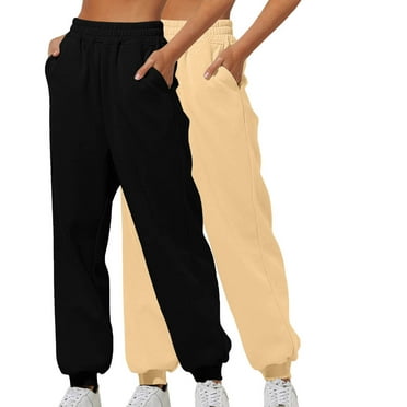 Pack Women's High Waisted Sweatpants With Pockets Fashion Casual Solid Color Elastic Waist Cozy Sweatpants Loose Wide Leg Home Sweatpants Beige M