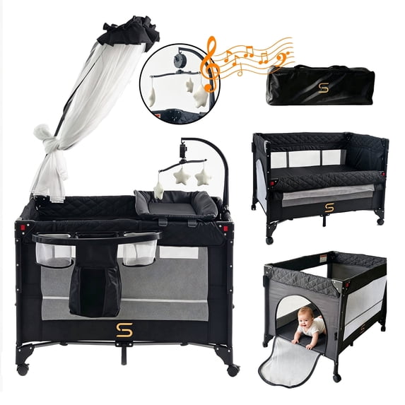 Steanny Pack and Play, Playard with Bassinet Foldable Bedside Sleeper with 4wheels,Changing Table,Mosquto Net