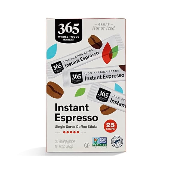 Pack of 1 365 by Whole Foods Market, Instant Espresso, Dark Roast, 25 Single Serve Coffee Sticks, 2.65 Ounces