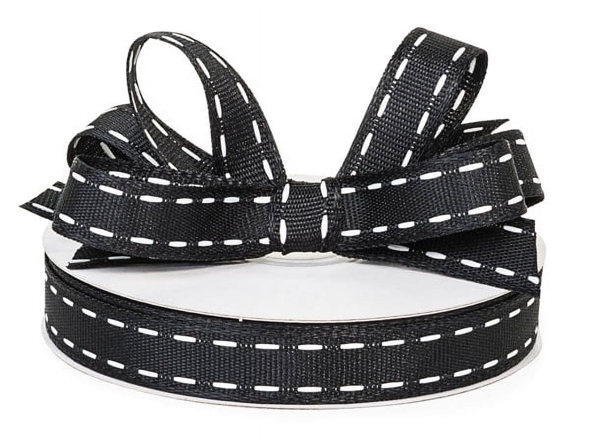 Pack of 1, Black With White Saddle Stitch Ribbon, 5/8" x 25 Yards for Arts and Crafts, Floral, Home Decor, Favor Box, Gift Bag, and Scrap-Booking