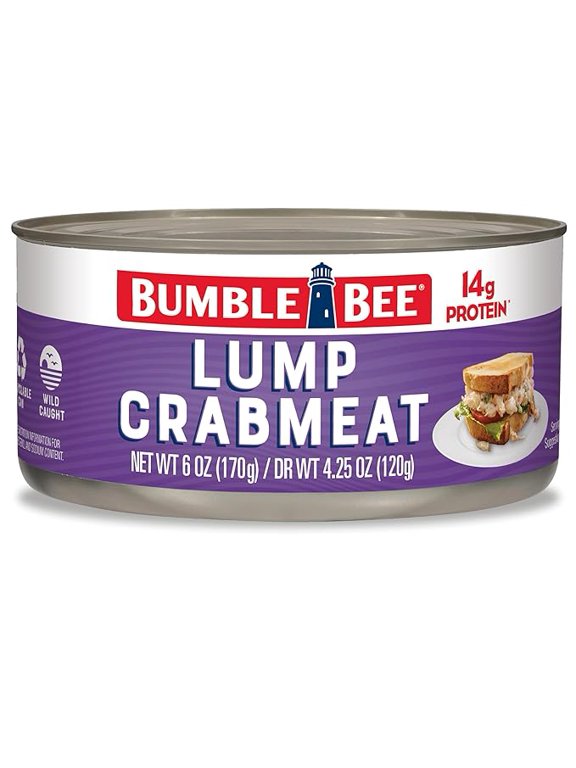 Pack of 1 Bumble Bee Lump Crab Meat, 6 oz Can - 14g Protein & 1g Carb Per Serving - Wild Caught, Small Chunks, Drain Before Use - Packaging May Vary