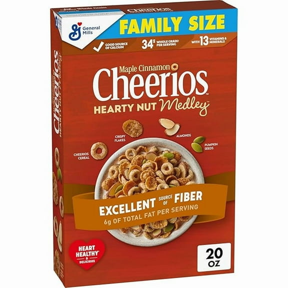 Pack of 1 Cheerios Hearty Nut Medley Breakfast Cereal, Maple Cinnamon Flavored, Made With Whole Grain, Family Size, 20 oz