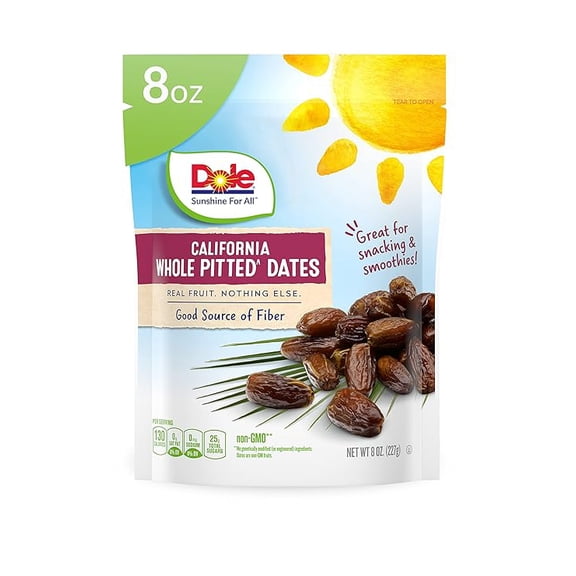 Pack of 1 Dole California Whole Pitted Dates, Dried Fruit, Gluten Free Snack, 8 Oz Bag