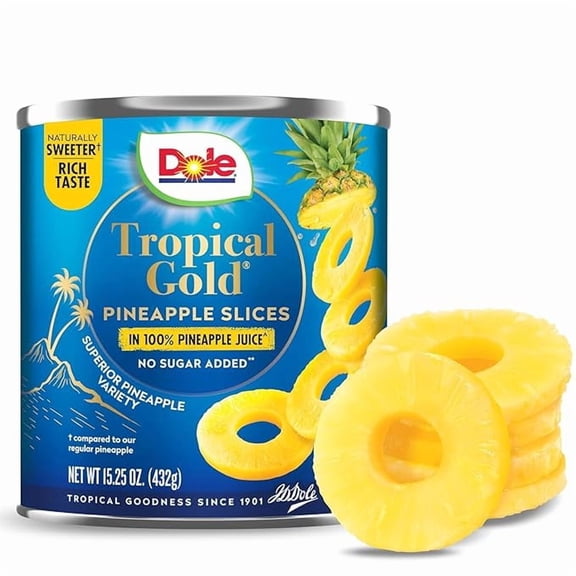 Pack of 1 Dole Canned Fruit, Tropical Gold Pineapple Slices in 100% Pineapple Juice, Gluten Free, Pantry Staples, No Sugar Added, 15.25 Oz