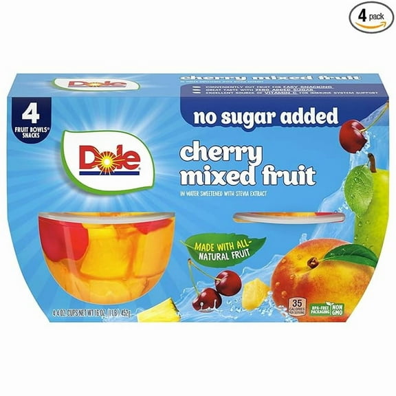 Pack of 1 Dole Cherry Mixed Fruit with No Sugar Added^^ - Dole Fruit Bowls Snacks - 4 oz Fruit Bowls - 4 Pack