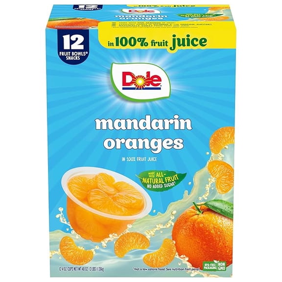 Pack of 1 Dole Fruit Bowls Mandarin Oranges in 100% Juice Snacks, 4oz 12 Total Cups, Gluten & Dairy Free, Bulk Lunch Snacks for Kids & Adults