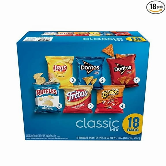 Pack of 1 Frito-Lay Snacks Classic Mix Chips Variety Pack, Doritos, Lay's Ruffles, Cheetos, Fritos, 18 Count(Pack of 1) (Assortment May Vary)