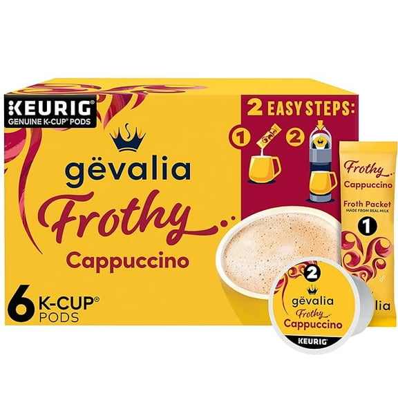 Pack of 1 Gevalia Frothy 2-Step Artificially Flavored Cappuccino Espresso Style KCup Coffee Pods & Froth Packets Kit, 6 ct. Box