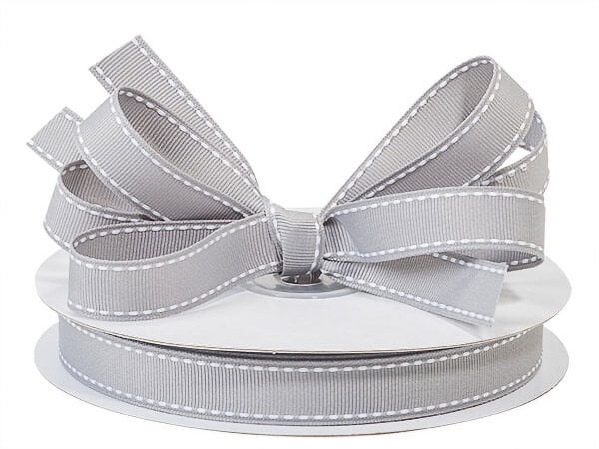 Pack of 1, Gray With White Saddle Stitch Ribbon, 5/8" x 25 Yards for Arts and Crafts, Floral, Home Decor, Favor Box, Gift Bag, and Scrap-Booking