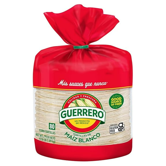 Pack of 1 Guerrero White Corn Tortillas, Gluten Free, Trans Fat Free, Bulk Soft Taco Size, 80 Count