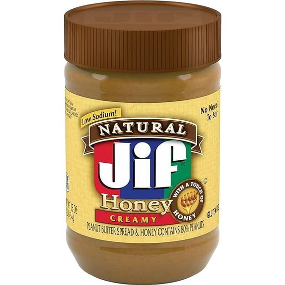 Pack of 1 Jif Natural Creamy Peanut Butter Spread and Honey  Contains 80% Peanuts, 16 Ounces