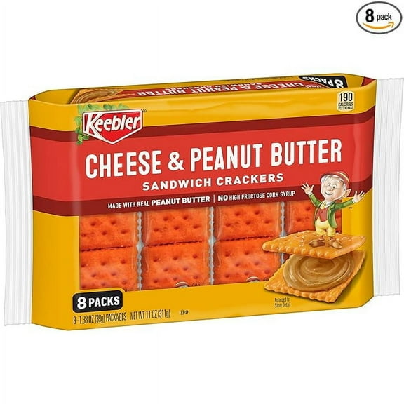 Pack of 1 Keebler Sandwich Crackers, Single Serve Snack Crackers, Lunch Snacks, Cheese and Peanut Butter, 11oz Tray (8 Packs)
