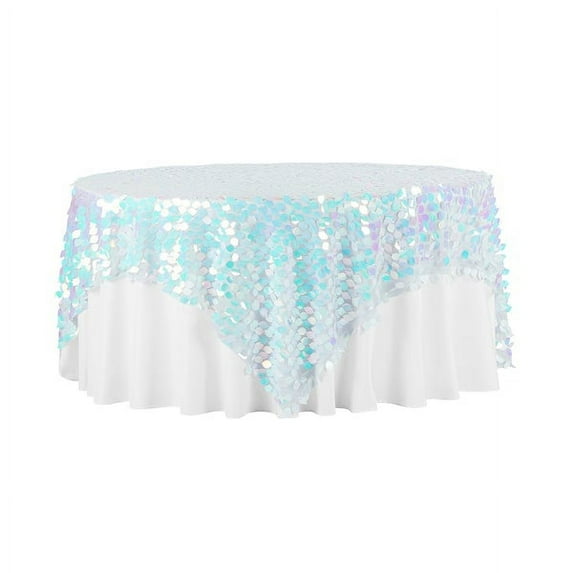 Pack of 1, Leaf Payette Sequin Table Overlay Topper 90"X90" Square - Iridescent White for Wedding or Event