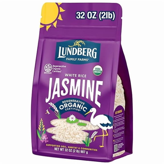 Pack of 1 Lundberg Jasmine Rice, Regenerative Organic Certified – Non-Sticky, Aromatic Long-Grain White Rice, Responsibly Grown in California, 32 Oz
