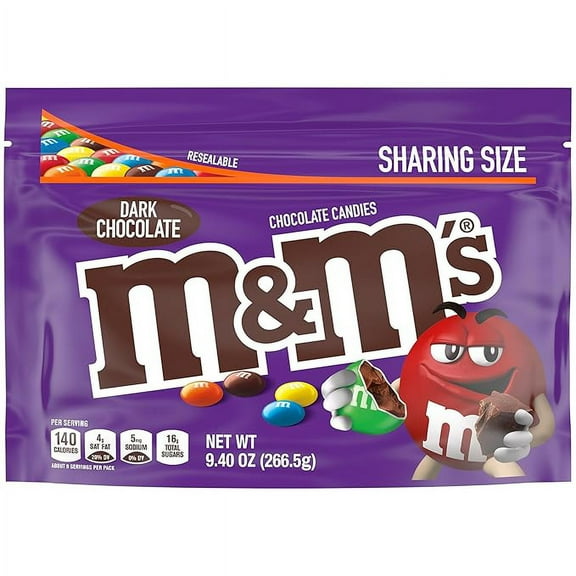 Pack of 1 M&M'S Dark Chocolate Candy, Sharing Size, 9.4 oz Resealable Candy Bag (Packaging may vary)